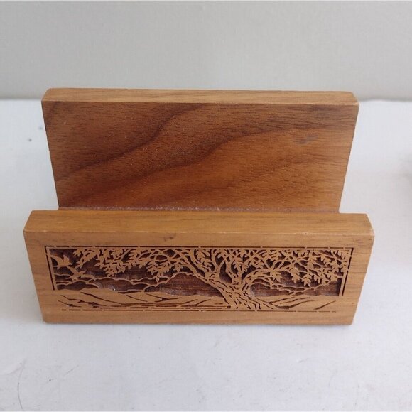 Vintage Laser Craft Engraved Walnut Envelope Card Pen Desk Holder Tree Floral - Picture 2 of 11